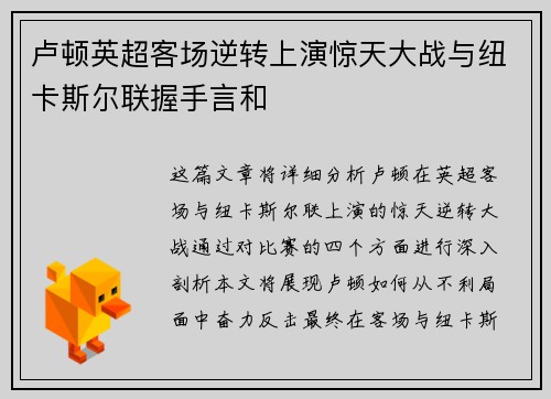 卢顿英超客场逆转上演惊天大战与纽卡斯尔联握手言和