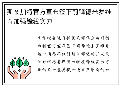 斯图加特官方宣布签下前锋德米罗维奇加强锋线实力